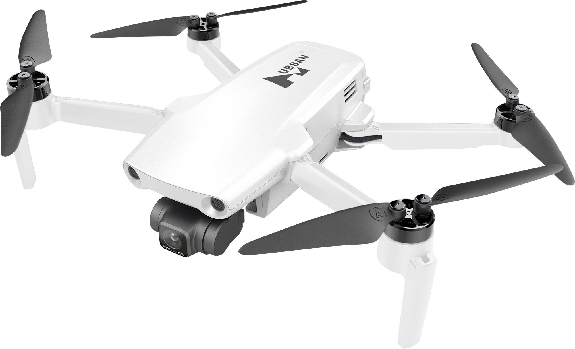 A white quadcopter drone with four propellers and a front-facing camera, showcasing a compact and sleek design suitable for aerial photography.