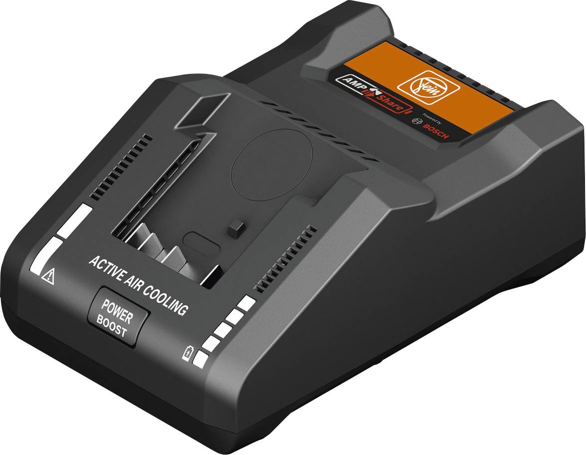 A black charging device labeled 'Active Air Cooling' with a 'Power Boost' button, designed for charging and cooling batteries efficiently.