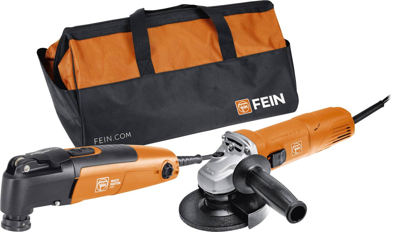 An orange and black tool kit including a rotary tool and an angle grinder, branded 'FEIN', with an orange and black storage bag.