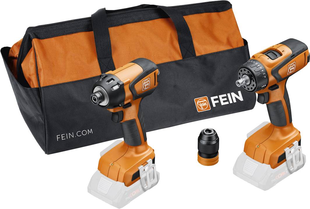 Two orange cordless power drills with interchangeable parts, alongside a black and orange carrying bag marked 'FEIN'.