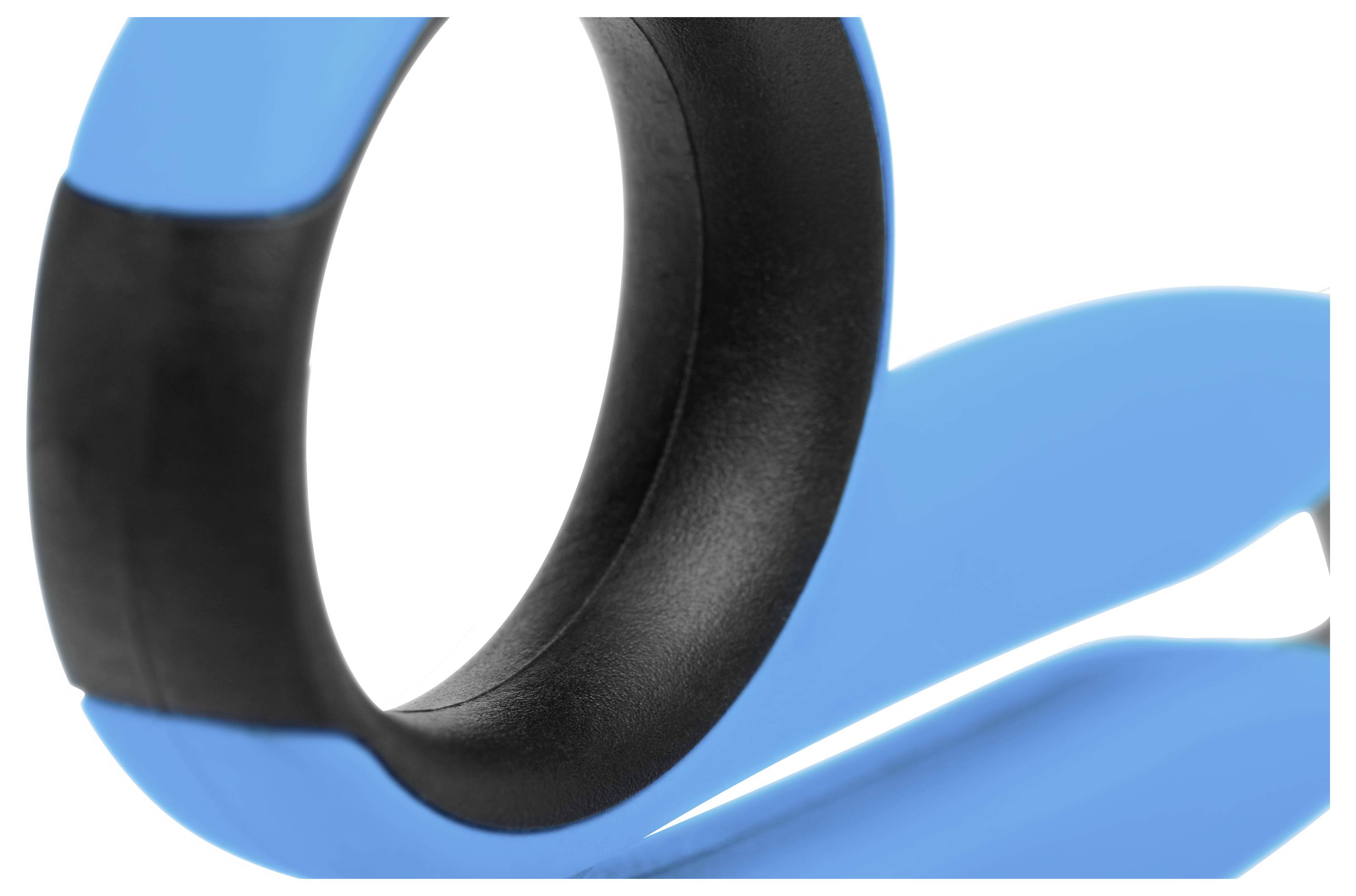 A close-up of a blue and black ring-shaped object, possibly part of a handle or tool, against a white background.