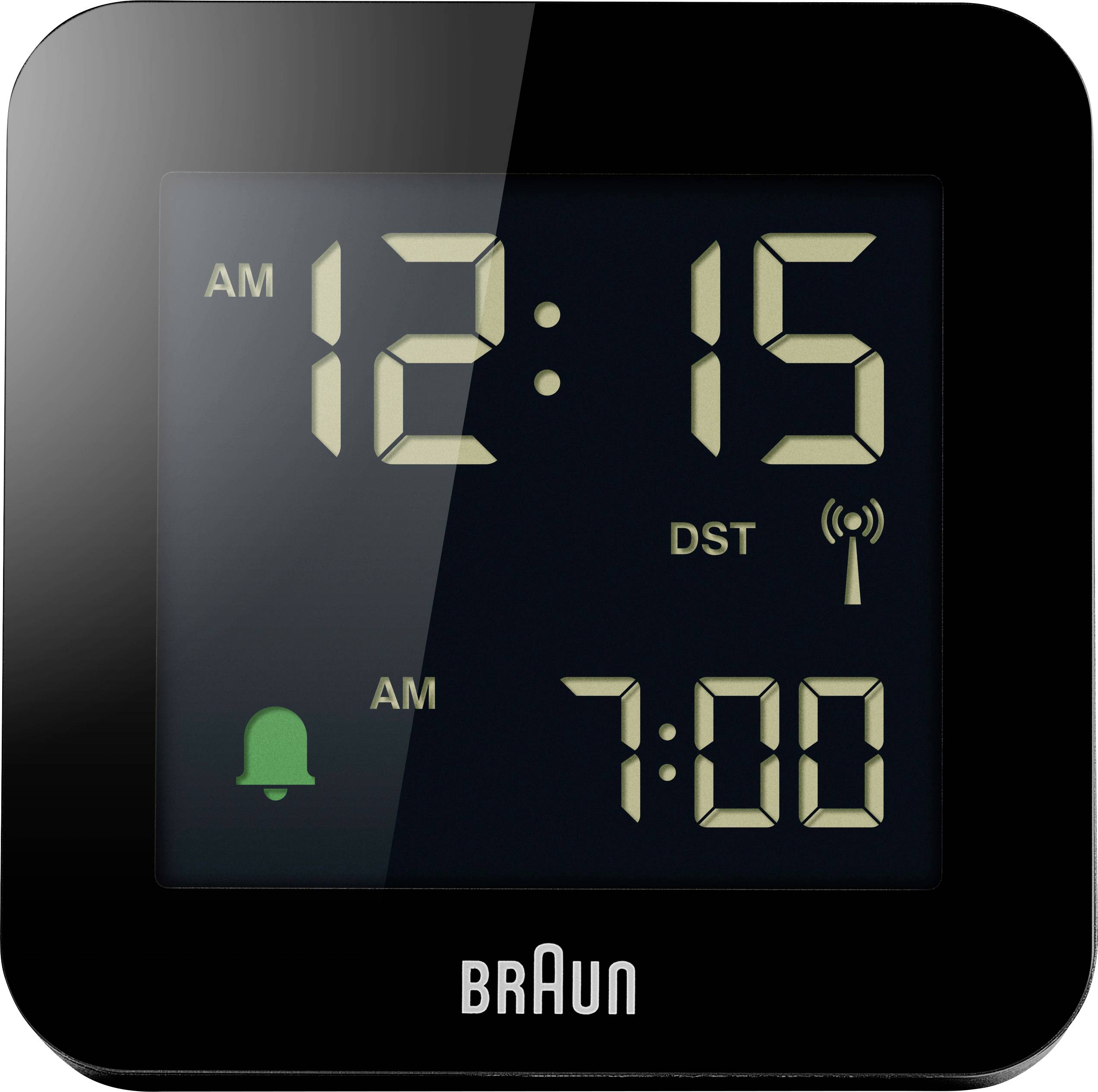 A digital clock displays '12:15 AM'. An alarm is set for '7:00 AM'. The 'DST' and signal icons are visible.