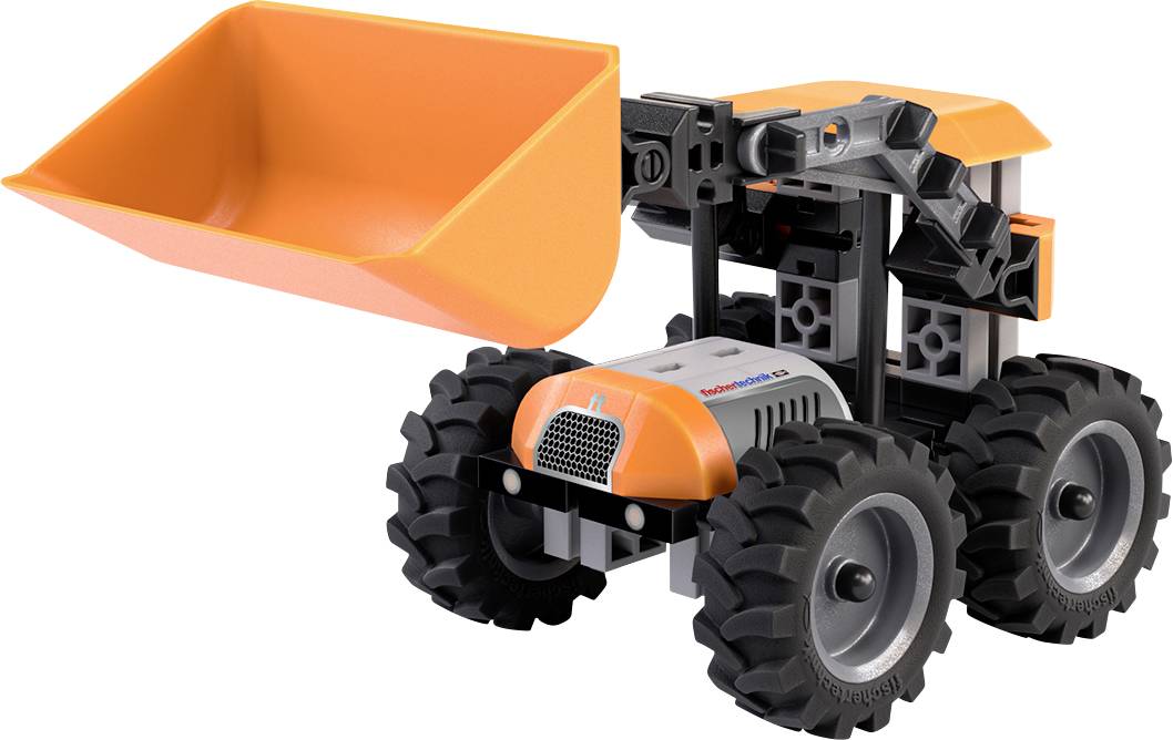 A toy tractor model with a large orange scoop raised in the front, four large black wheels, and an orange cab on top of the vehicle.