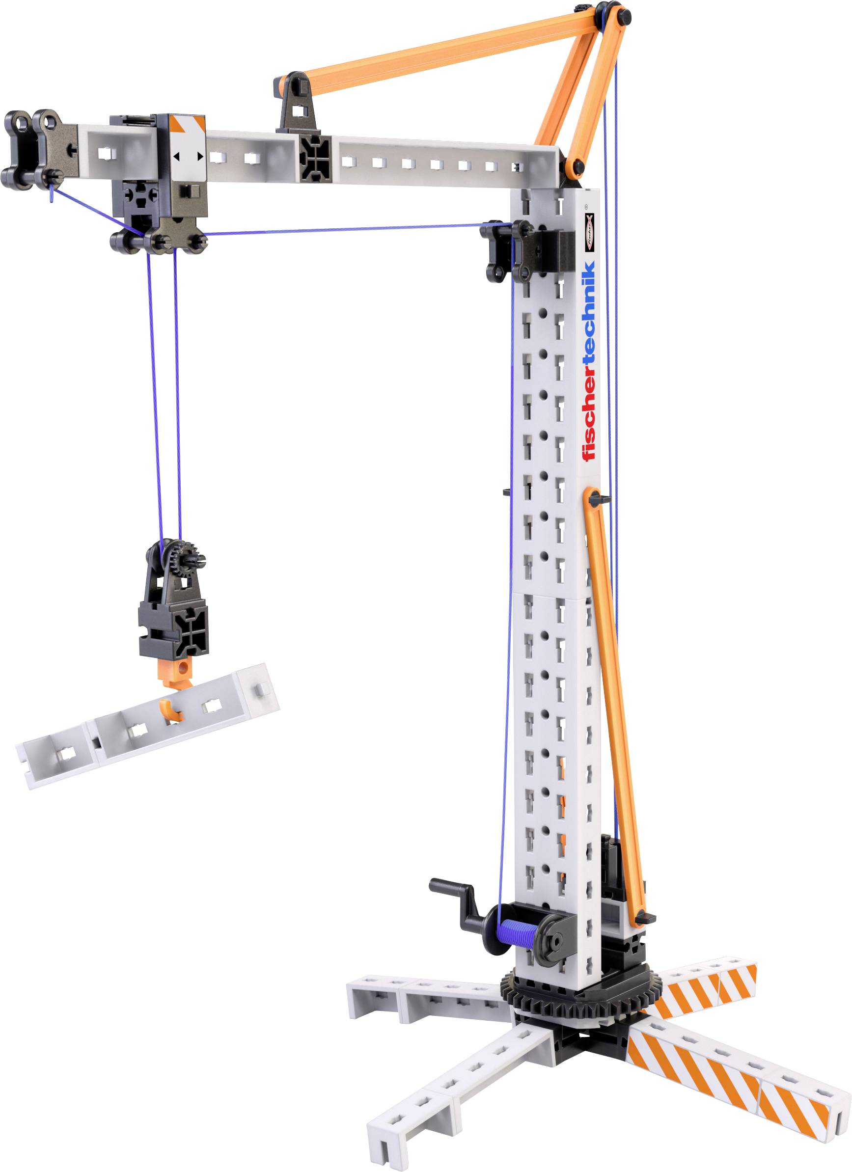 A construction crane model made from modular parts, showing a vertical tower, horizontal arm, and a hoist lifting a beam.