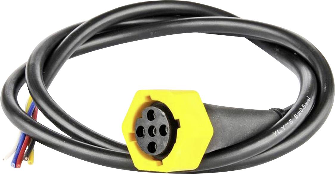 A coiled cable with a yellow six-pin connector at one end and exposed multicolored wires at the other, used for electrical connections.
