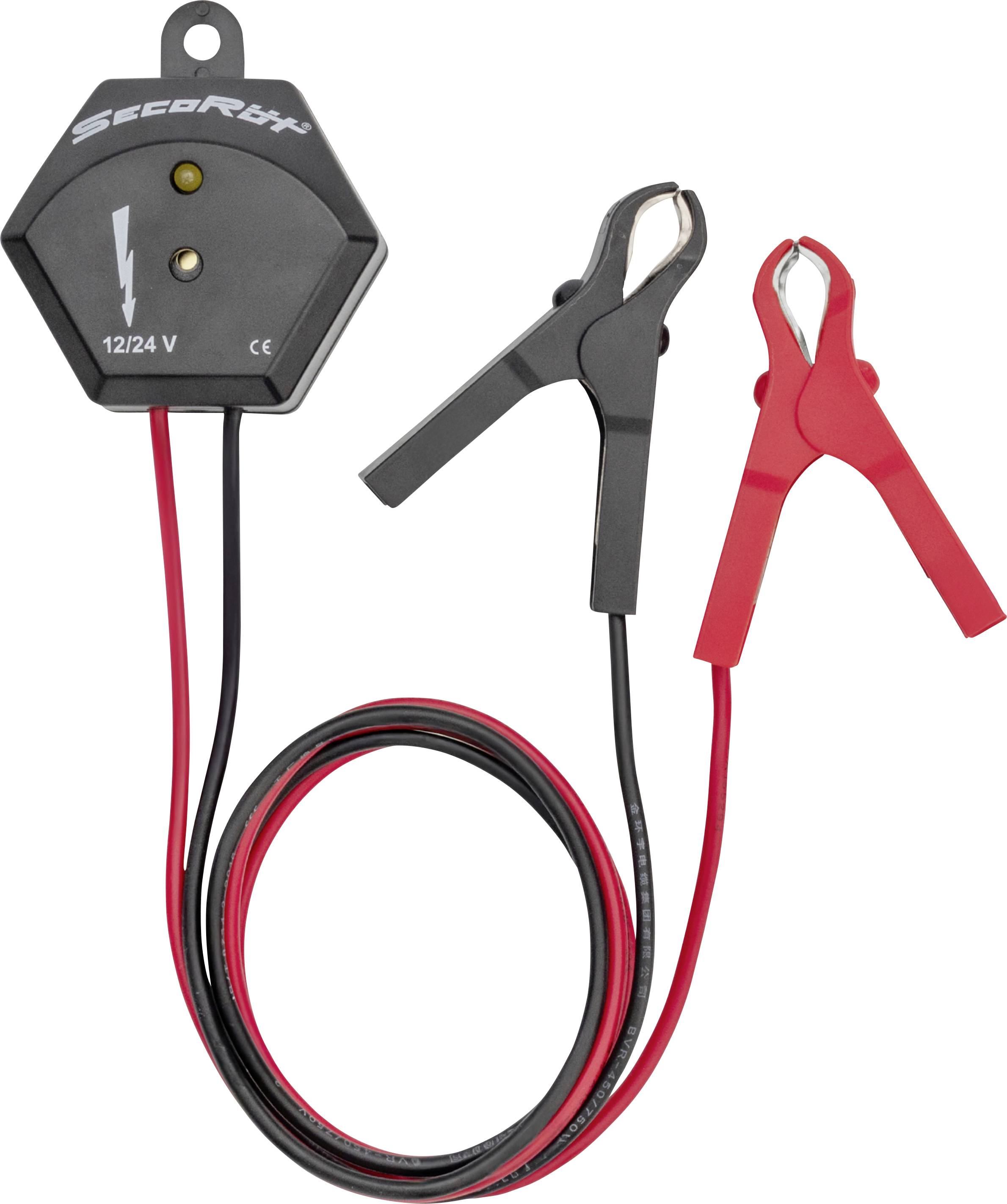 A battery tester with red and black cables and clamps, used for checking 12/24 V batteries.