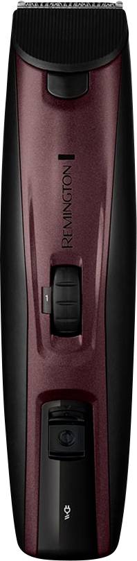 A red and black electric beard trimmer with adjustable settings and power button on the front.