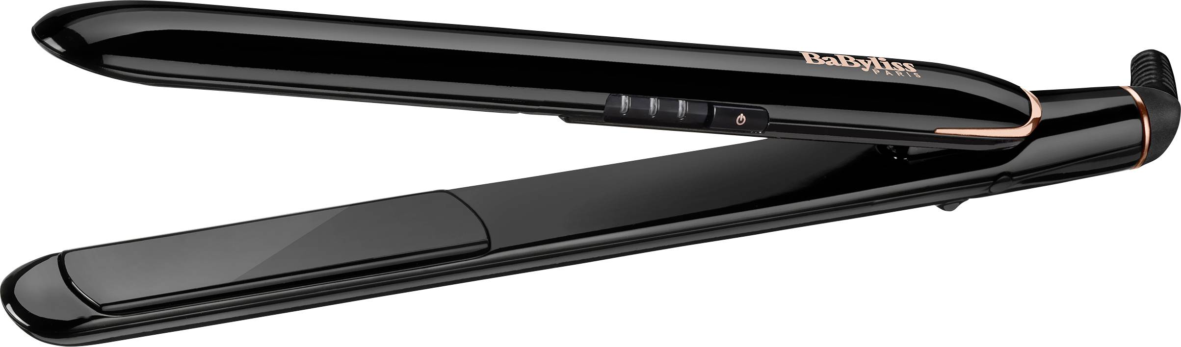 A sleek black hair straightener with a smooth design featuring a digital temperature display and rose gold accents.