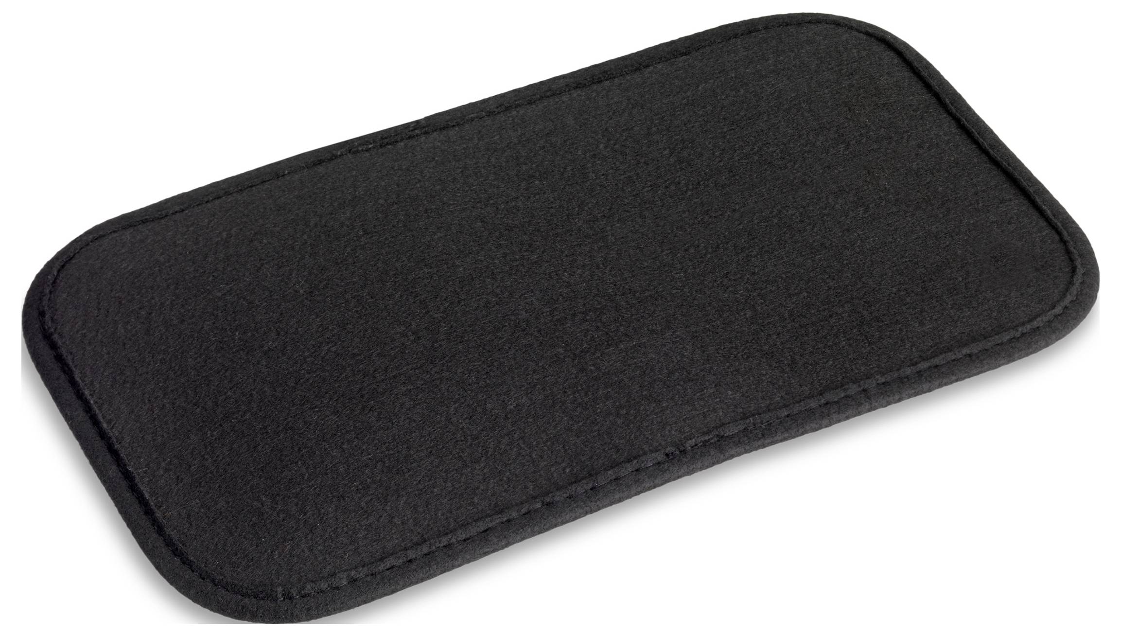 A rectangular, black felt pad with rounded corners, often used for cushioning or protection.
