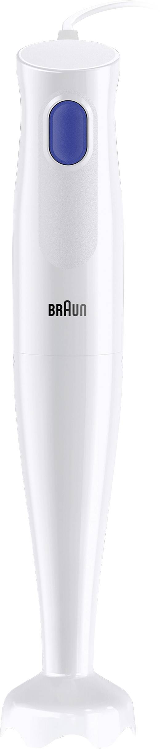 A white handheld blender with a blue button and 'Braun' branding, designed for kitchen food blending tasks.