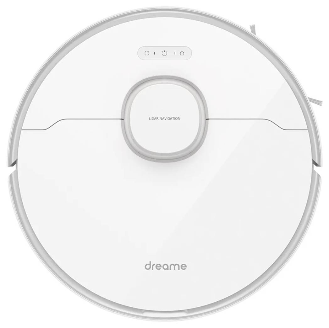 A round white robotic vacuum cleaner with 'Dreame' logo and 'Lidar Navigation' label on top, designed for automated floor cleaning.
