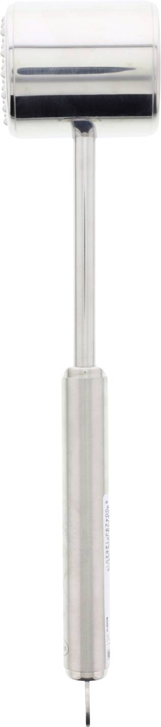 A metal meat tenderizer with a long handle and a double-sided head, featuring a smooth surface on one side and textured on the other.