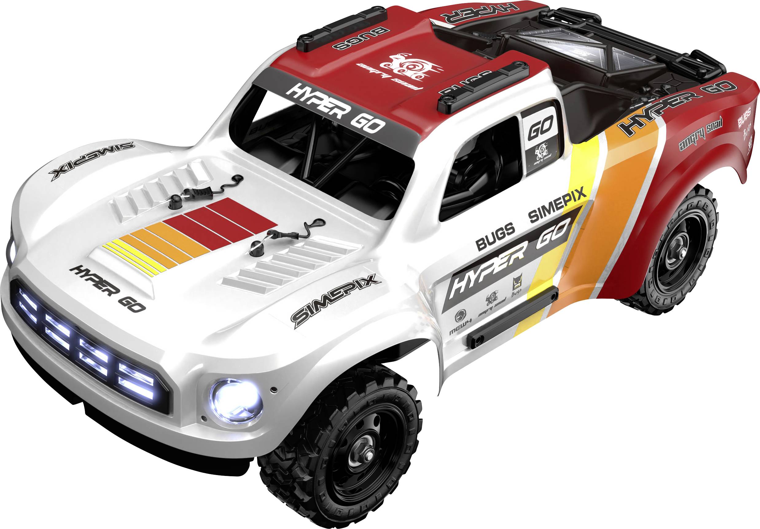 A red and white toy car with 'Hyper Go' branding and colorful stripes, featuring large tires and detailed design elements.