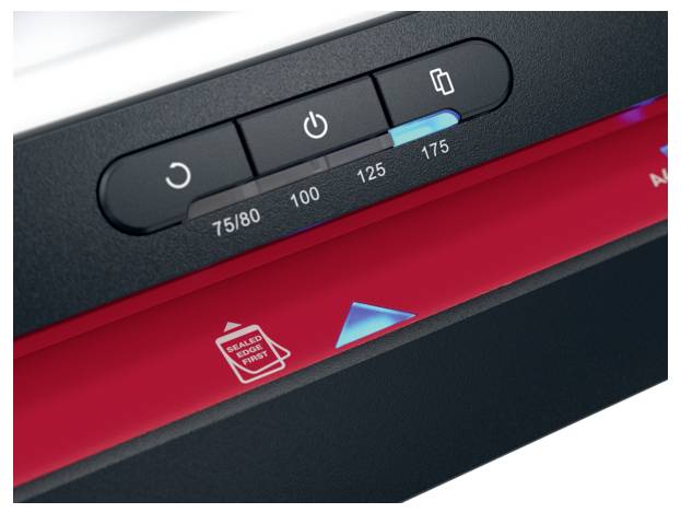 Close-up of a paper shredder control panel with power and paper continuously shred buttons, and a red error light indicating 'Paper Jam'.