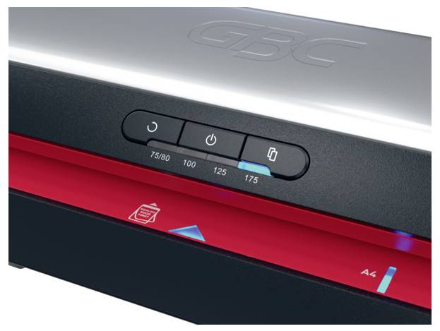 A close-up of a sleek black and silver laminator with red accents, featuring buttons for temperature settings and a power indicator.