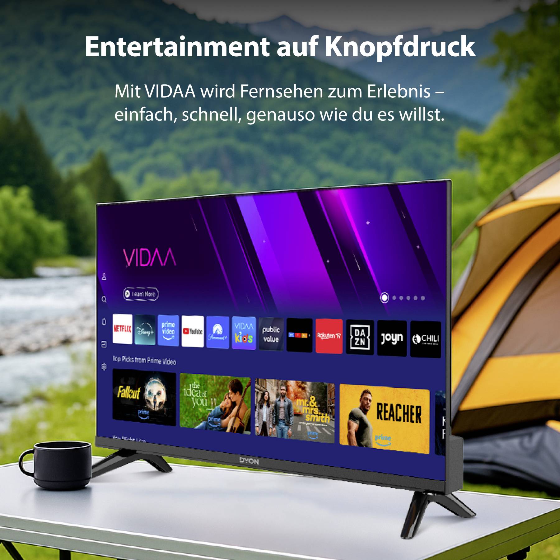 A TV next to a camping scene displays a streaming service interface with various apps and shows, emphasizing on-demand entertainment.