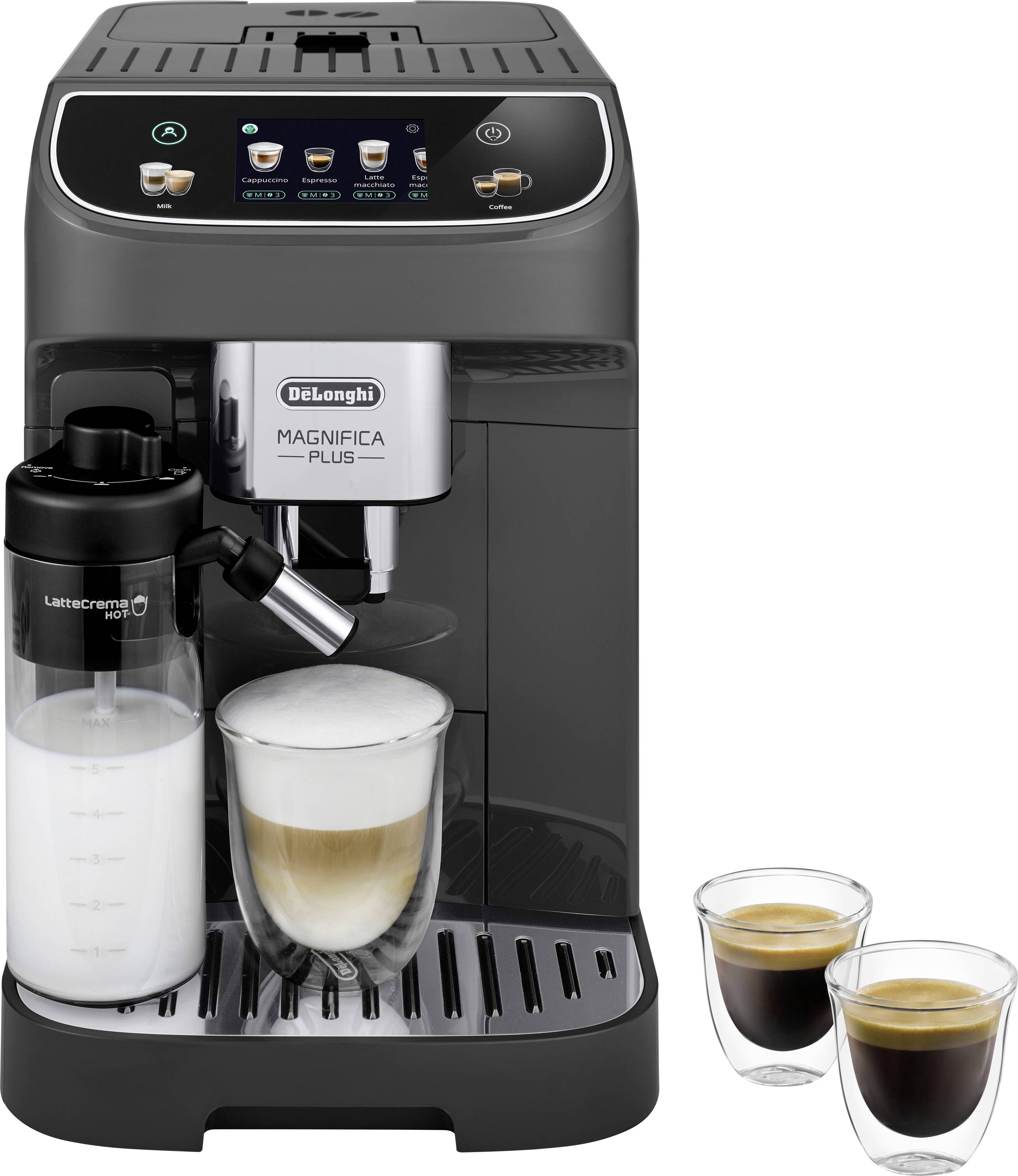 A black coffee machine with a glass of cappuccino being prepared. Two additional small coffee cups are filled with black coffee beside it.