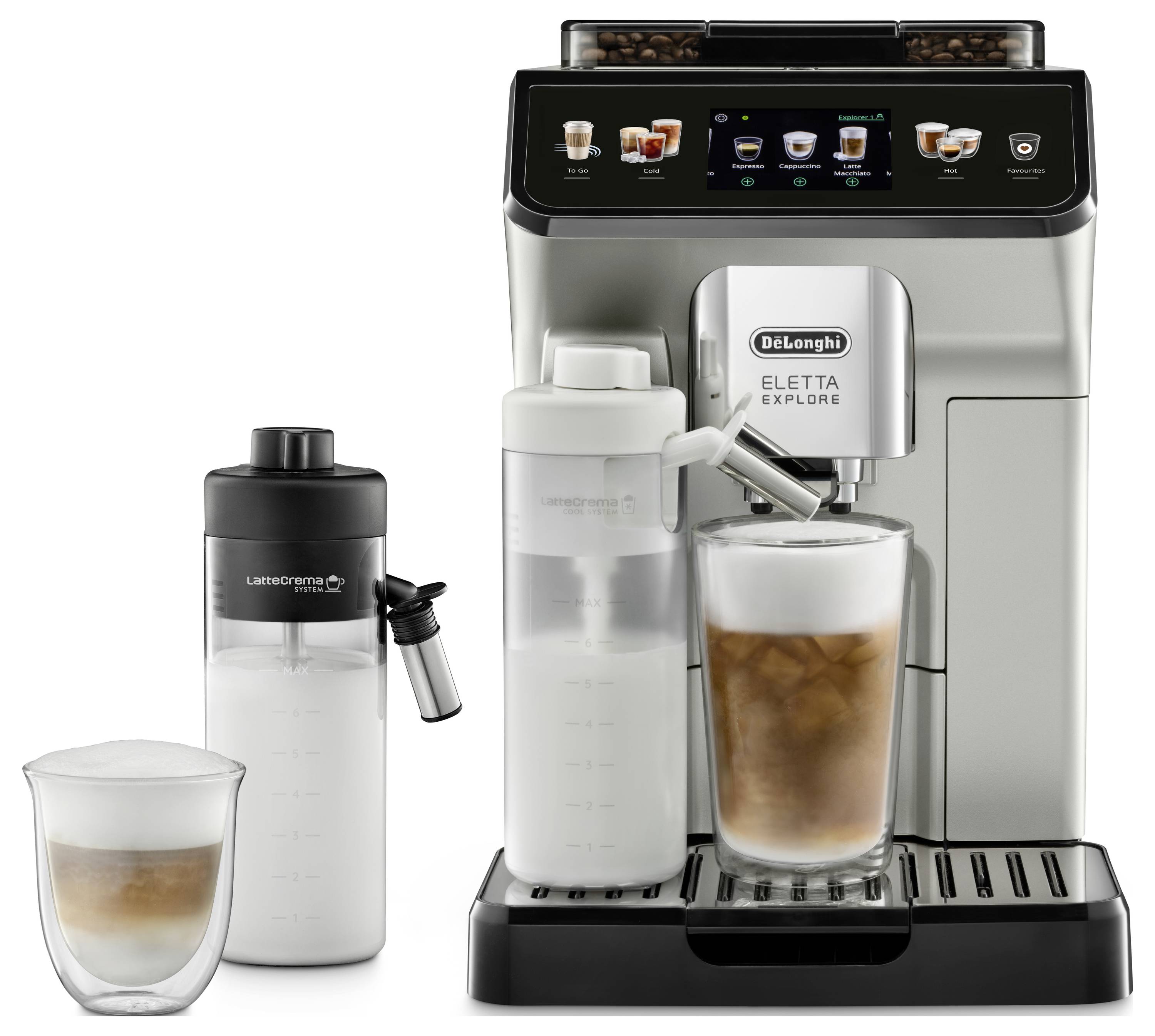 'DeLonghi Eletta Explore' coffee machine with iced coffee and steaming milk jug. Touch controls for coffee types visible on the panel.