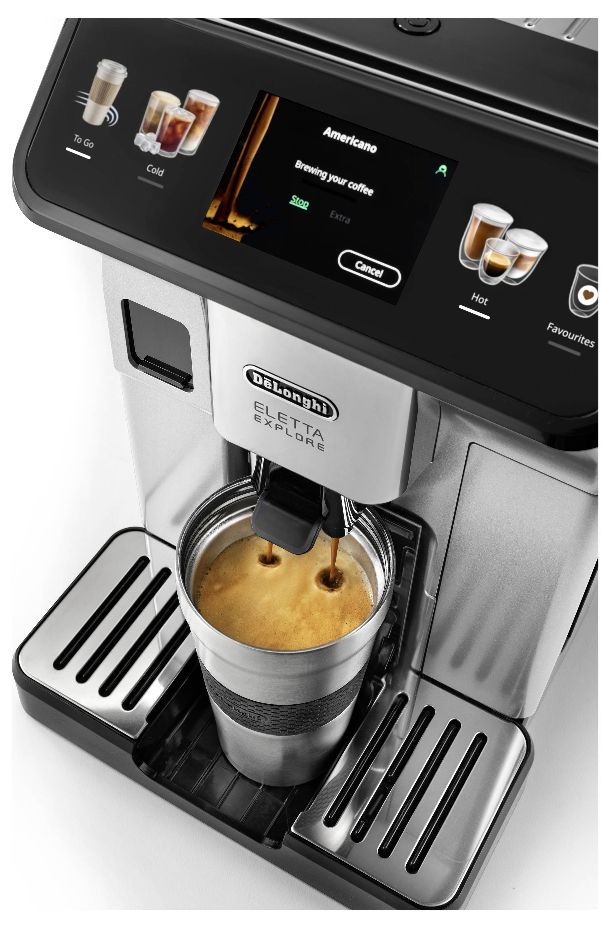 A coffee machine dispensing an Americano into a travel mug; features a digital display with options for hot and cold beverages.