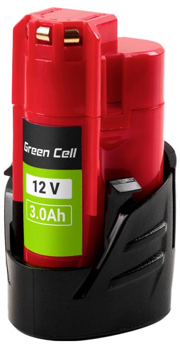Red battery pack labeled 'Green Cell 12V 3.0Ah' in a black holder.