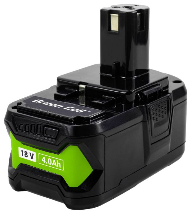 Black and green 18V 4.0Ah battery pack labeled 'Green Cell,' designed for power tools, showing its rugged casing and connecting terminals.
