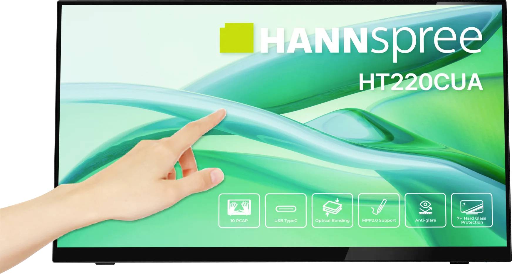 A hand touches the Hannspree HT220CUA touchscreen monitor. The screen displays icons for 10-point touch, USB Type-C, optical bonding, and VESA.