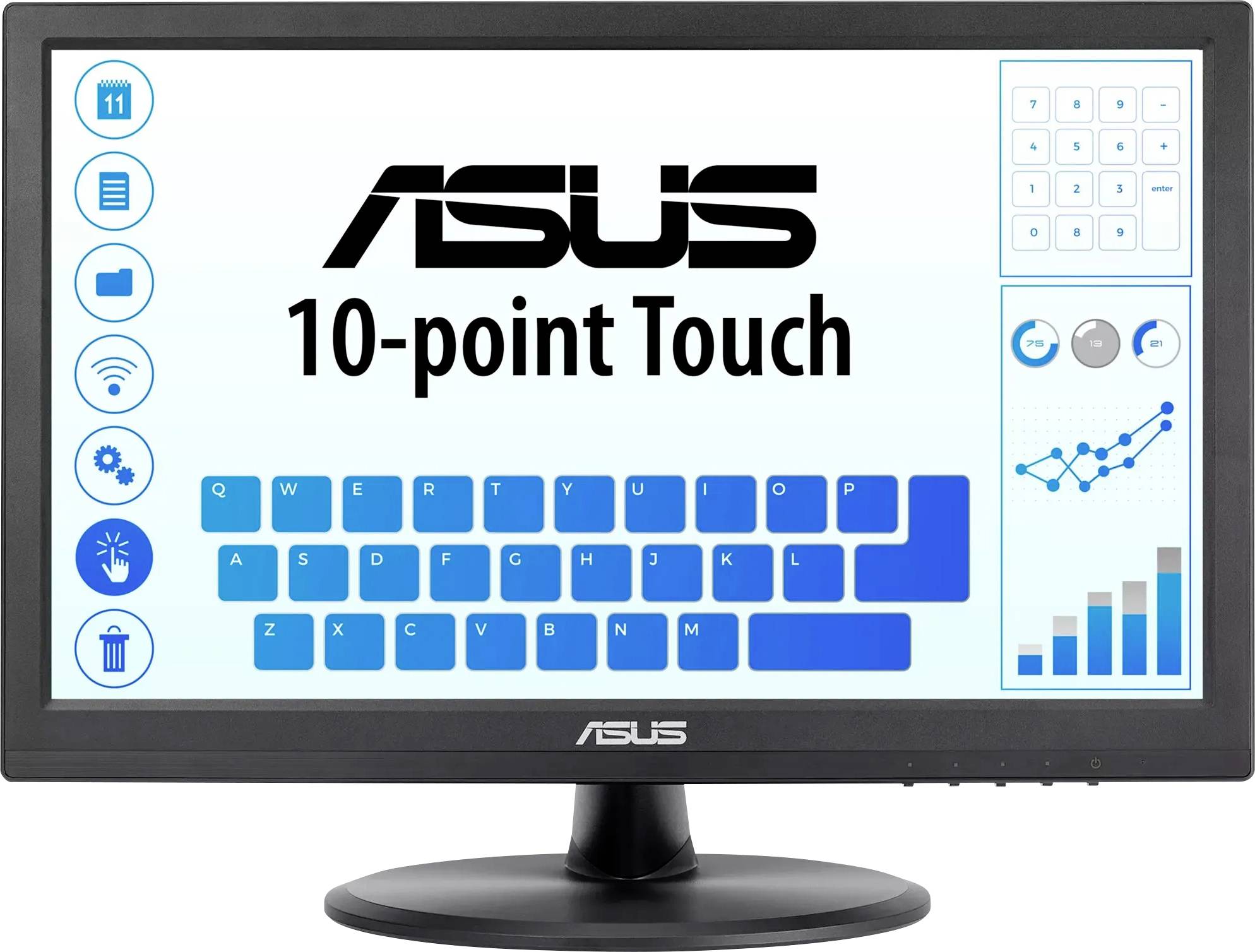 A touchscreen monitor displaying the text 'ASUS 10-point Touch' with icons for various settings and a virtual keyboard on the screen.