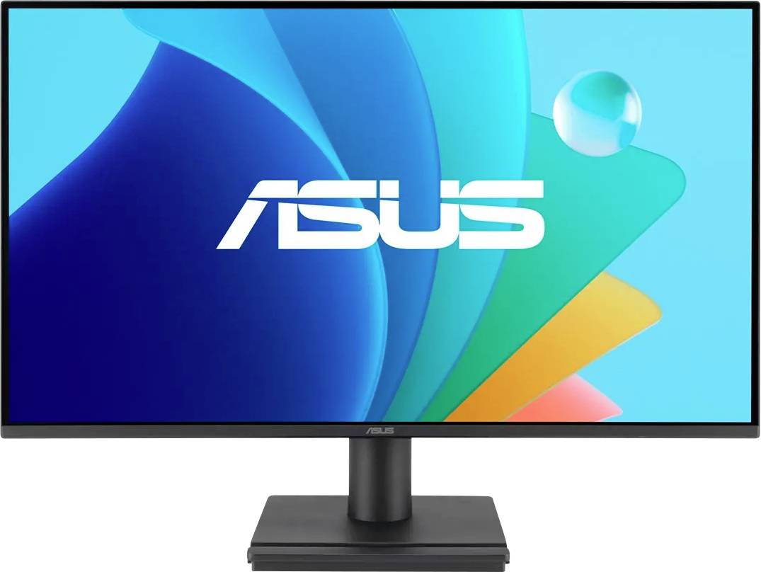 A computer monitor displaying a colorful abstract background with the 'ASUS' logo centered on the screen.