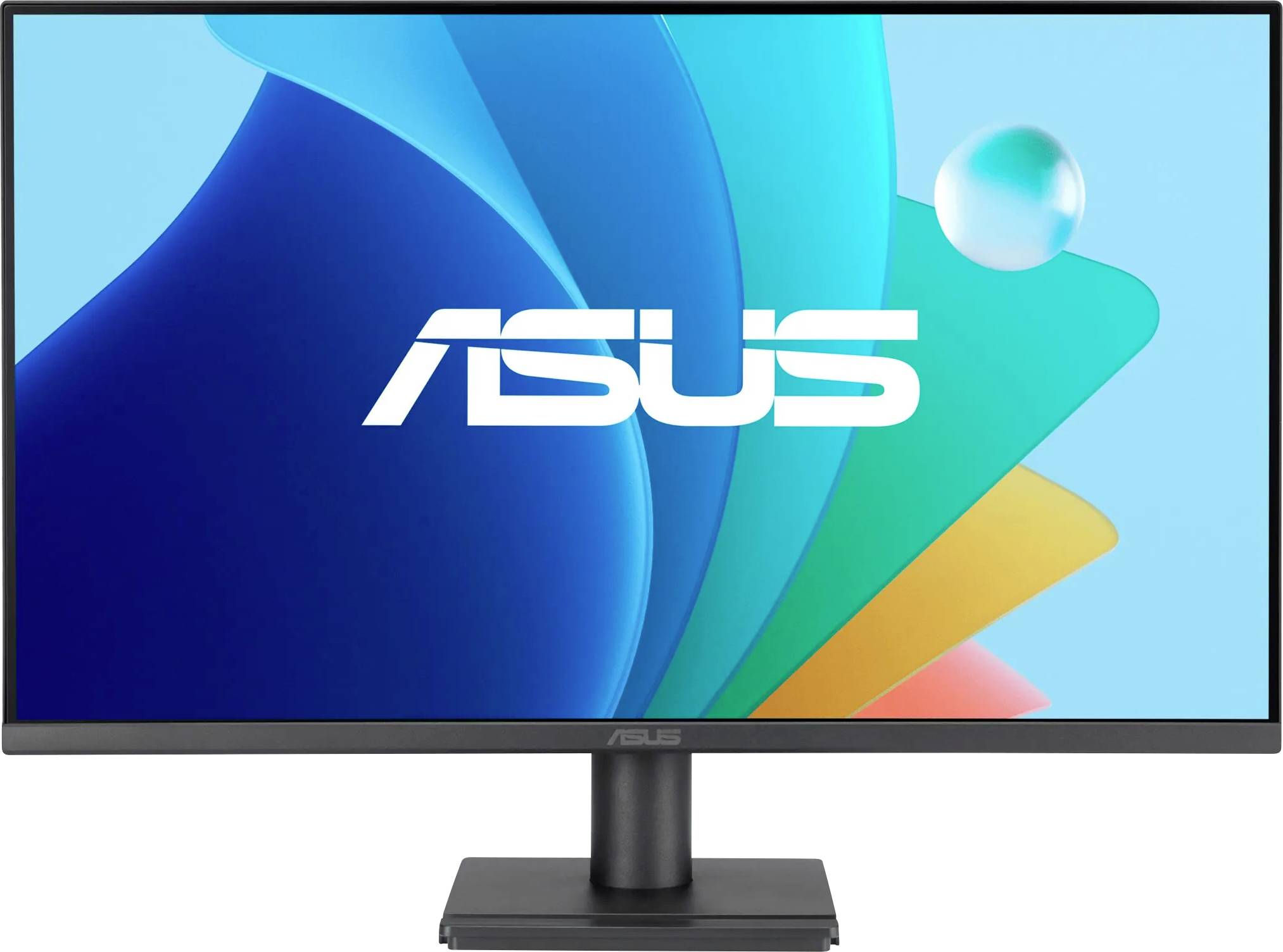 A black ASUS monitor screen displays the ASUS logo prominently on a colorful abstract background.