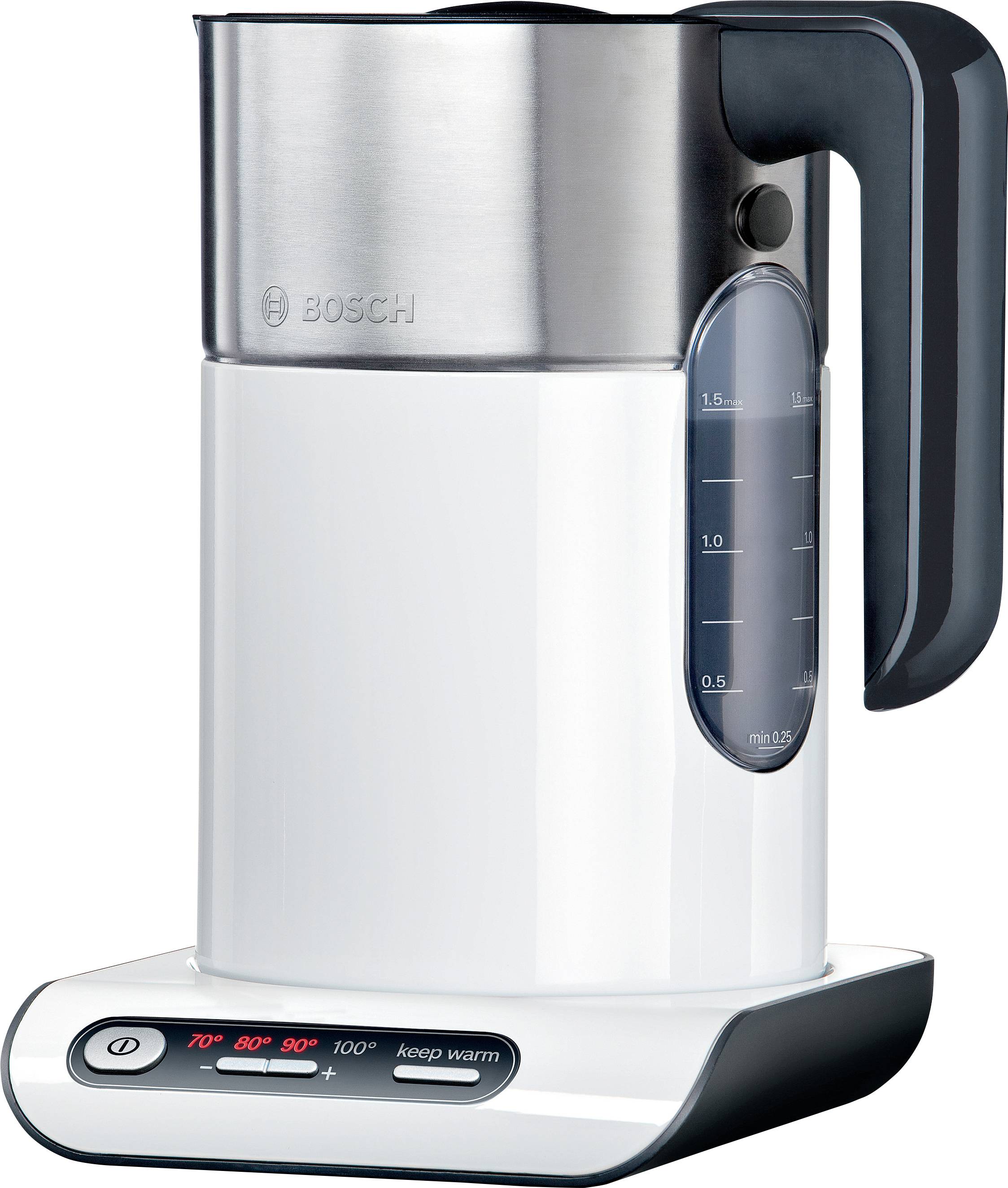A white electric kettle with a black handle and stainless steel top, featuring a water level indicator and control buttons on the base.