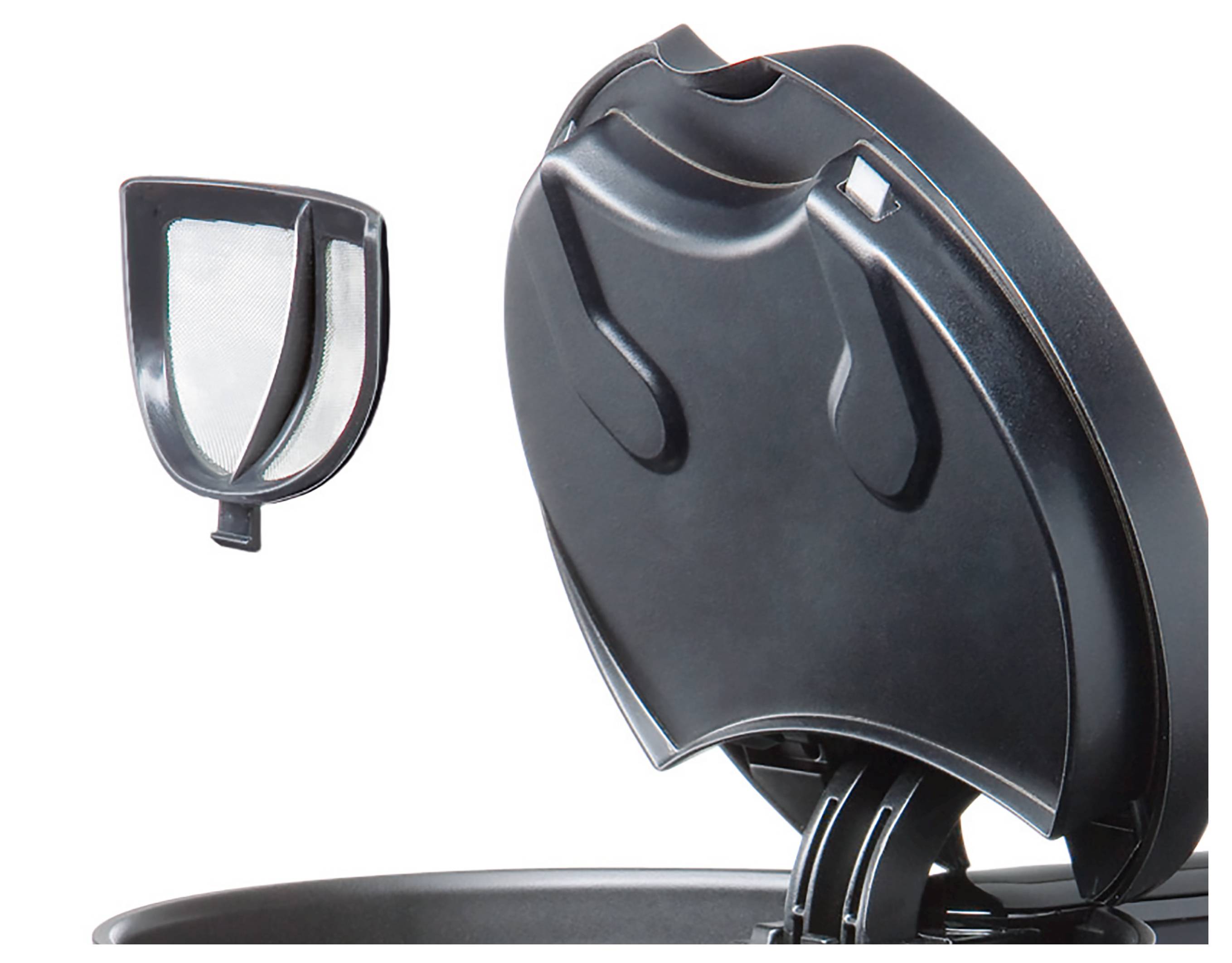 A coffee maker's lid is open, showing an inside filter compartment detached and positioned next to the lid.