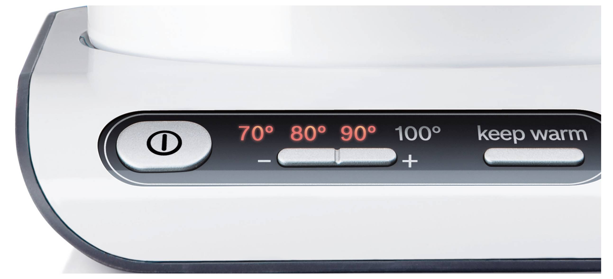 Electric kettle display showing temperature settings of 70, 80, 90, 100 degrees Celsius, with power and heat adjustment buttons.