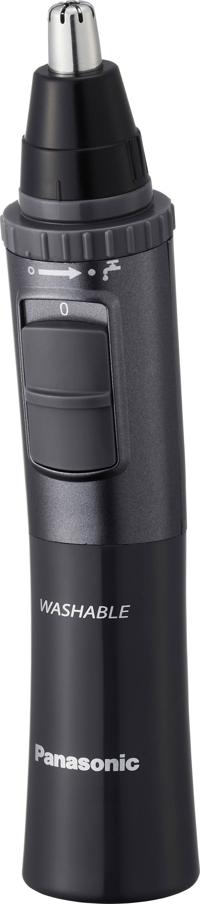 Panasonic washable nose and ear hair trimmer with black body, power switch, and adjustable settings.