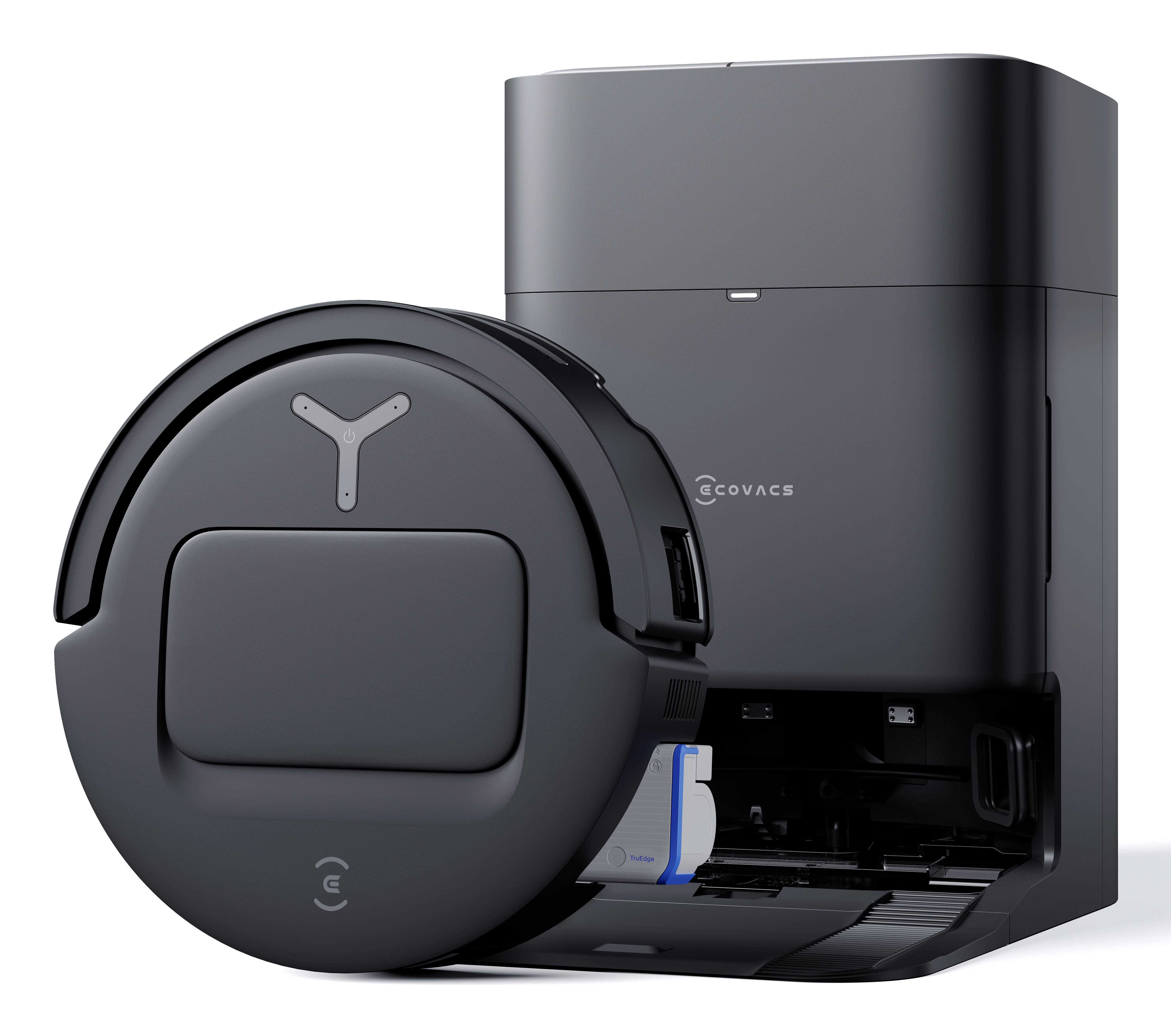 A sleek, black robotic vacuum cleaner with a charging station. The device features a minimalist design and branding on both components.