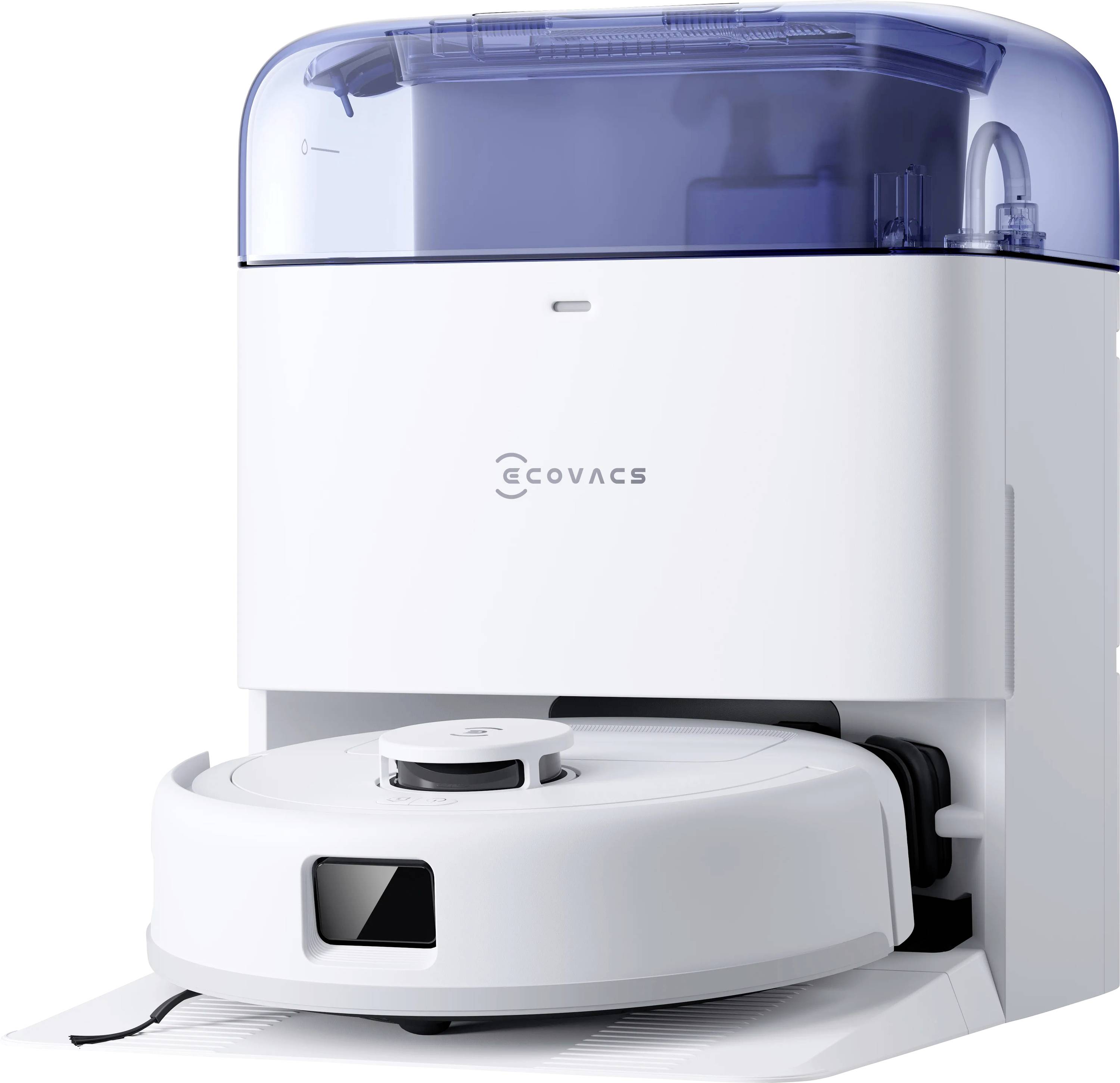 A white robotic vacuum cleaner docked in its charging station with a blue transparent lid, designed for automated home cleaning.
