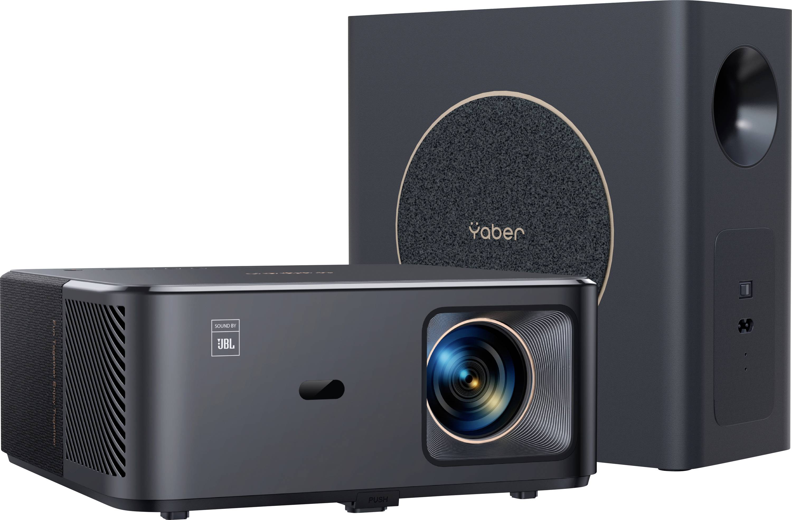 'Yaber' home projector and speaker system with JBL sound, featuring sleek black design and prominent lens for enhanced audio-visual experience.