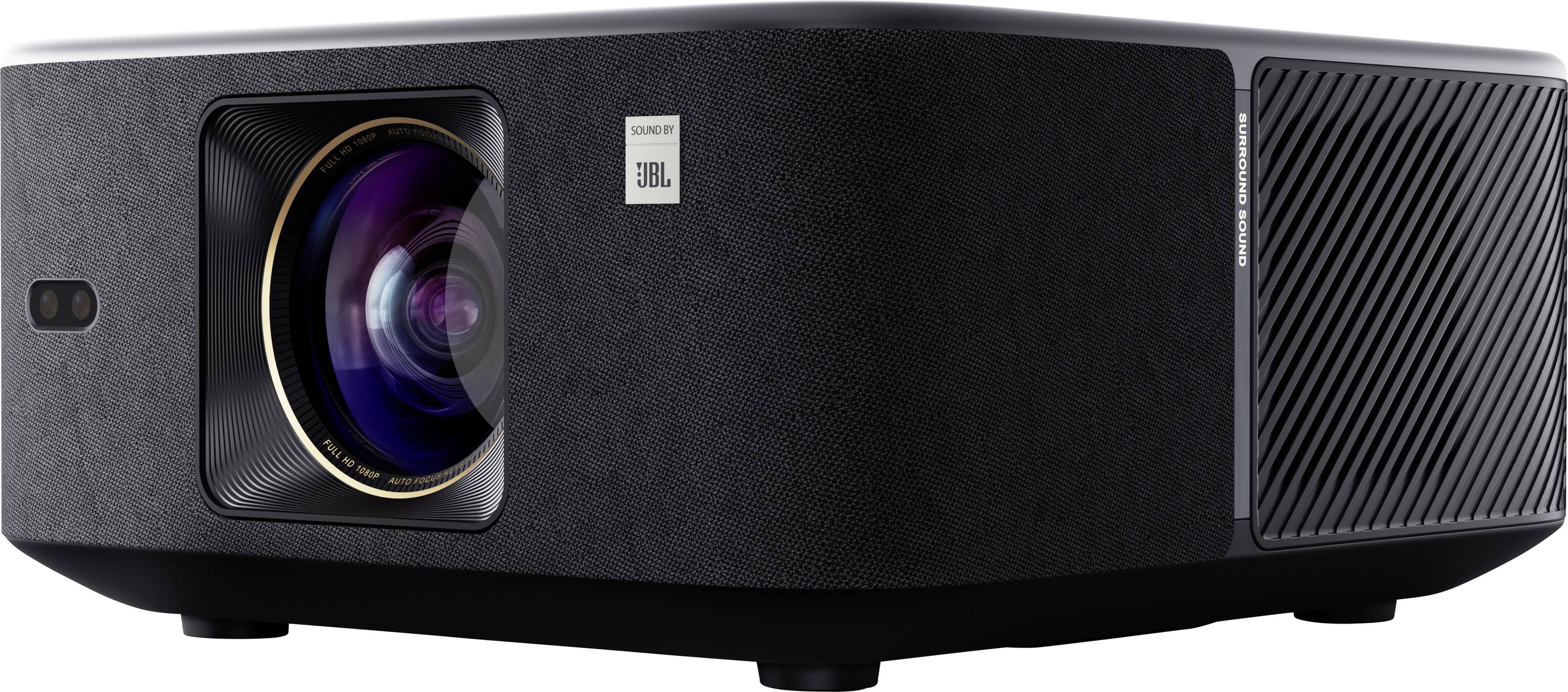 A black digital projector angled slightly to the right, displaying a prominent lens on the left side and a side vent for cooling.