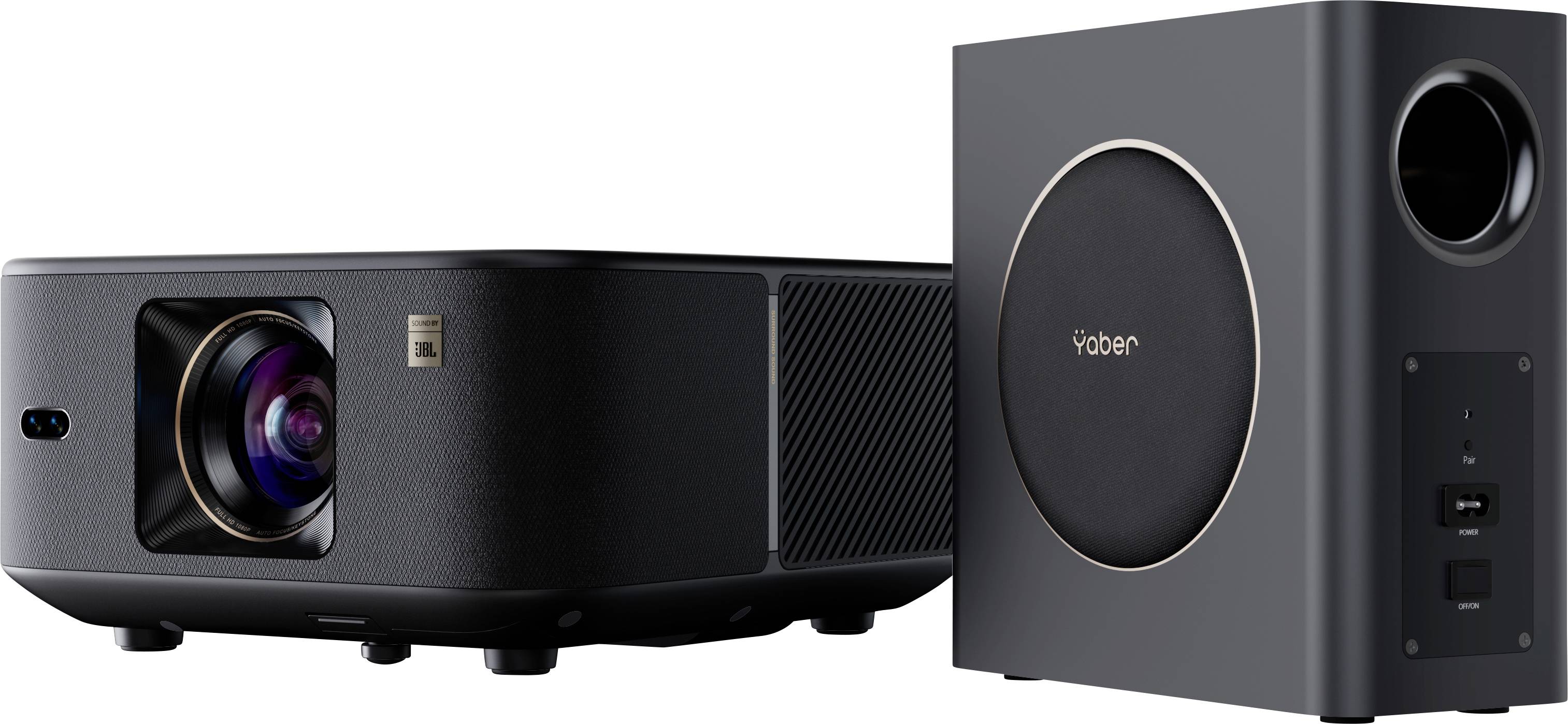 A black projector and speaker placed side by side, showcasing their sleek design and modern aesthetics.