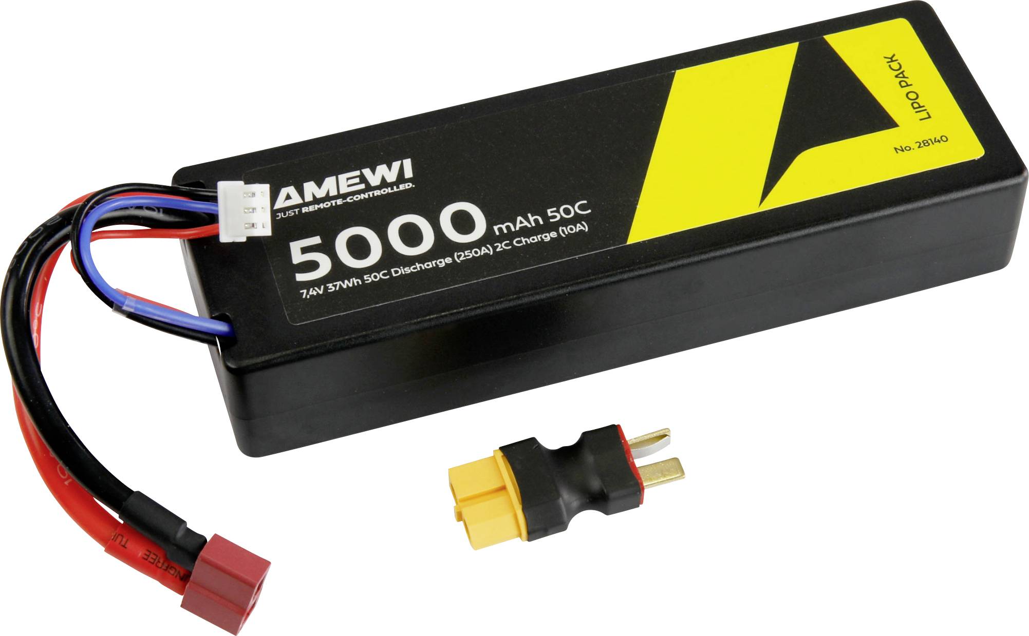'AMEWI Lipo Pack 5000 mAh 50C' labeled battery with connectors and wires for electronic devices, featuring a black and yellow design.