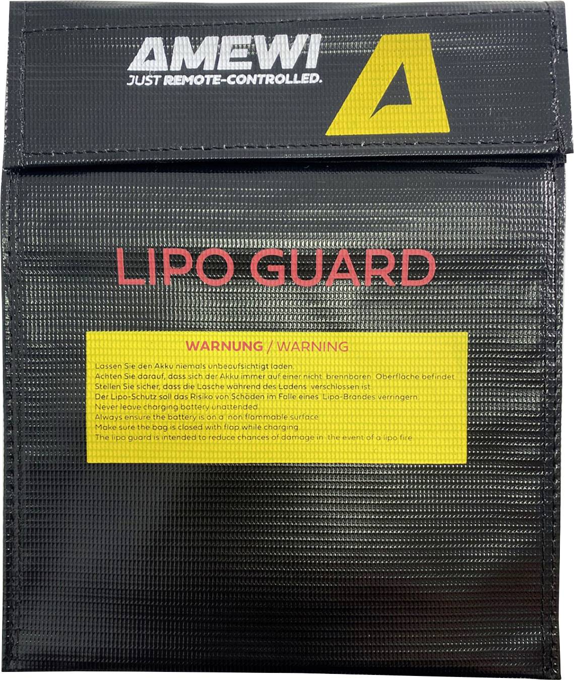 'Lipo Guard' black safety bag with 'AMEWI Just Remote-Controlled' text and yellow logo. Label includes safety warning about lithium batteries.