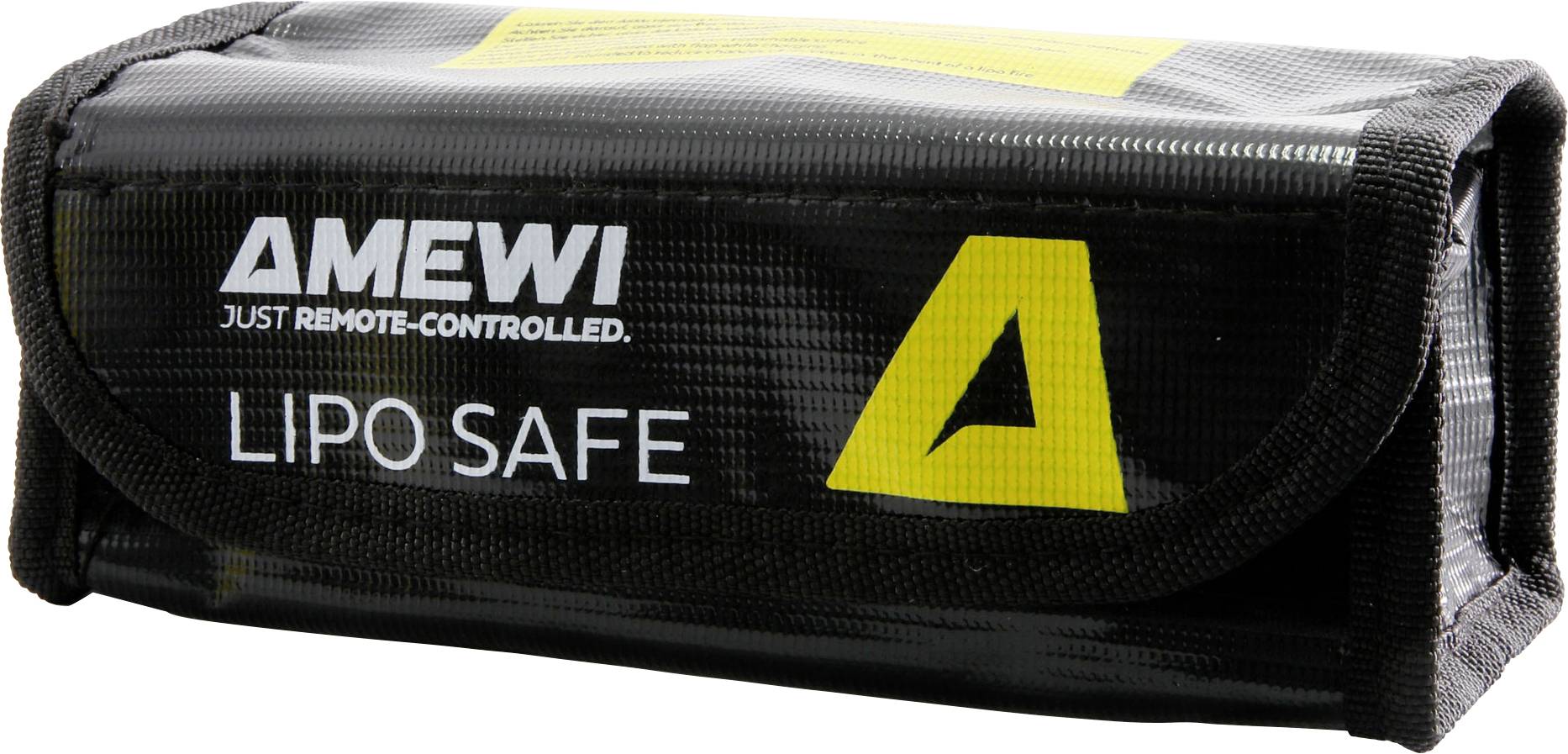 A black 'AMEWI LIPO SAFE' bag with a yellow triangle design, used for safely storing LiPo batteries.