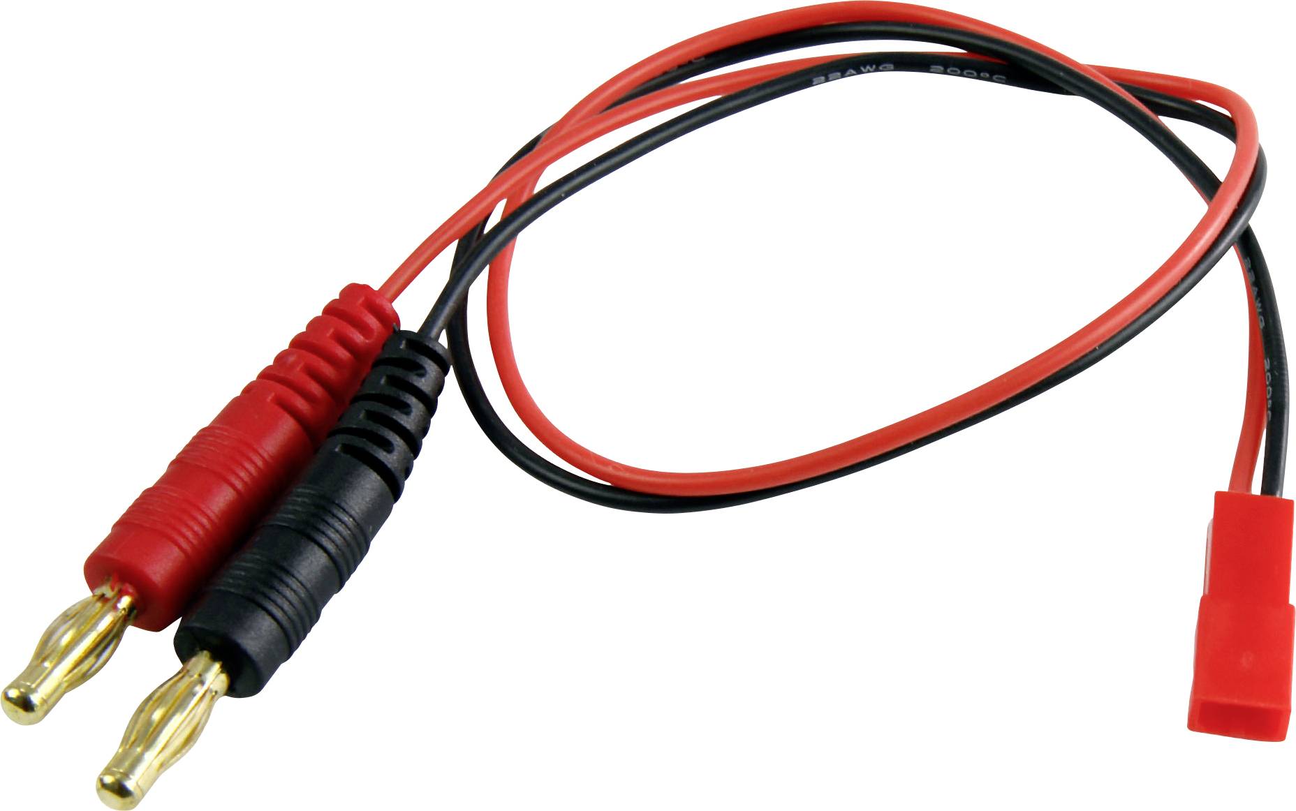 Two red and black electrical connector cables with gold banana plugs on one end and a red plastic plug on the other.