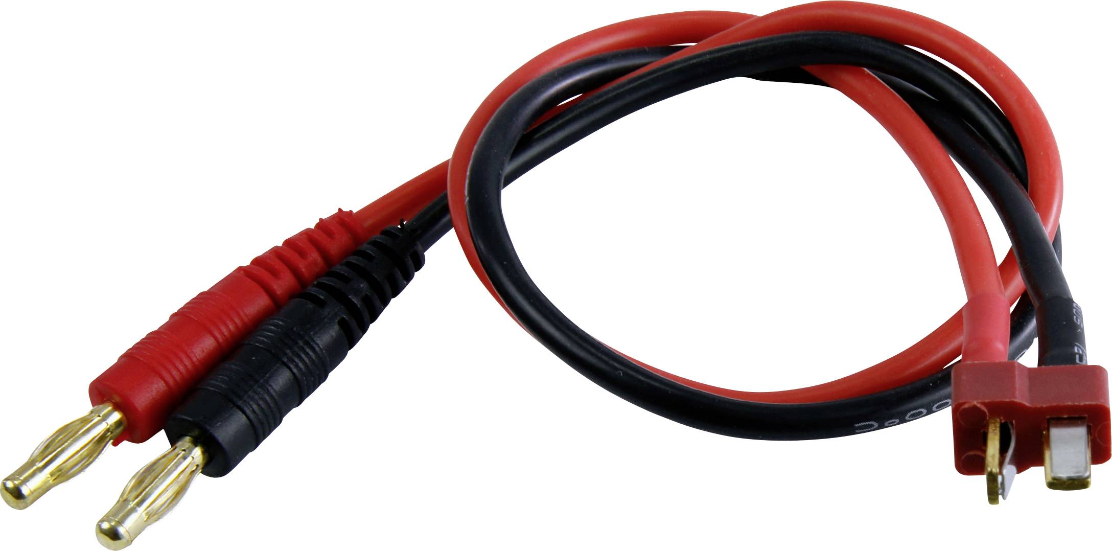 Red and black banana plug to connector cable with gold tips.