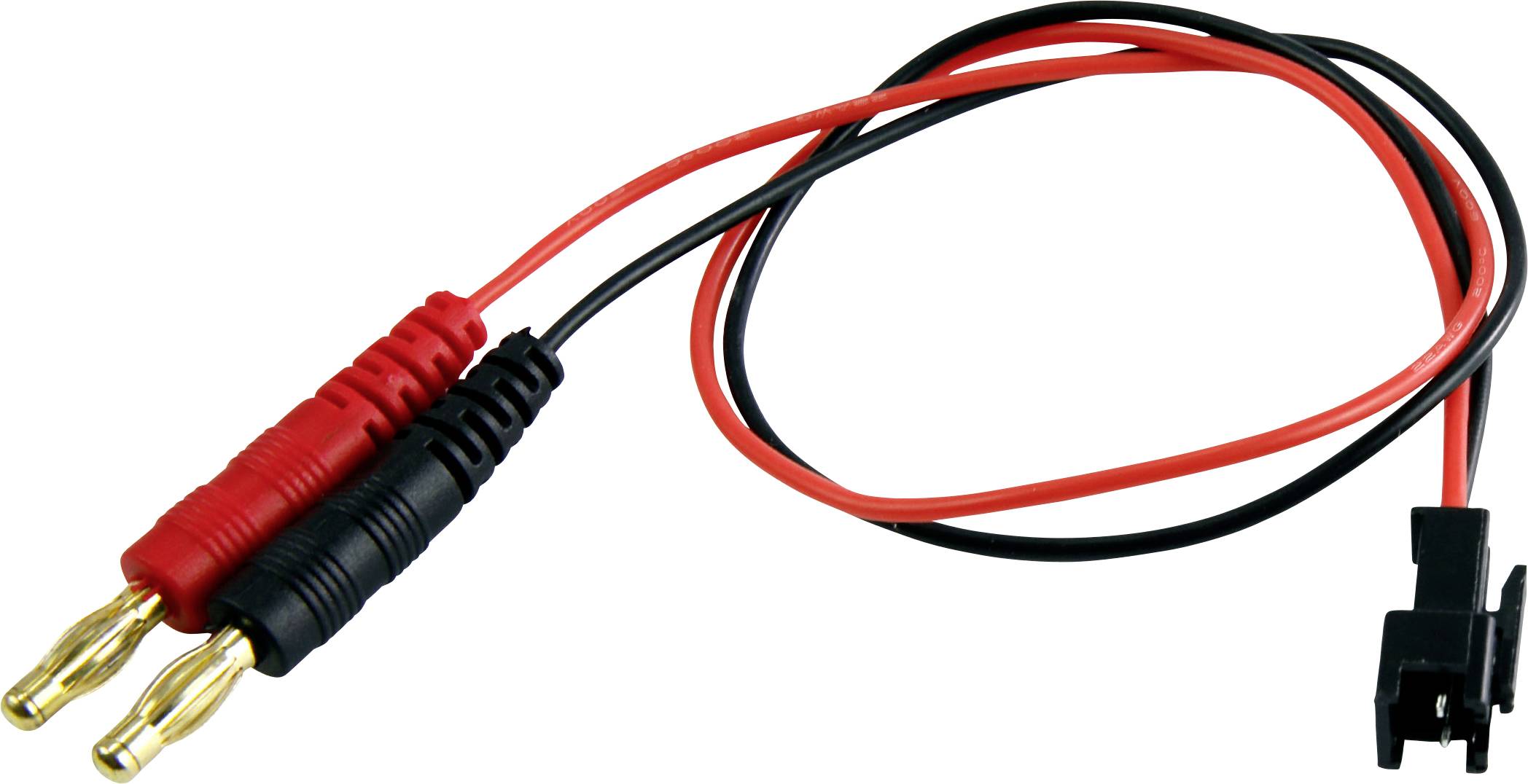 Red and black banana plug cable with dual connectors, used for connecting electronic devices.