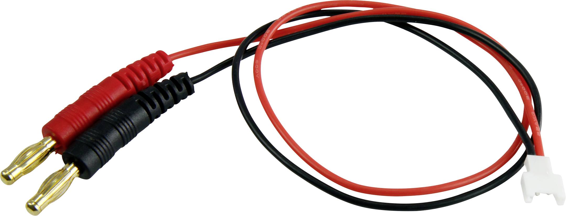 Red and black banana plug leads with white connector, used for electrical testing and connections.