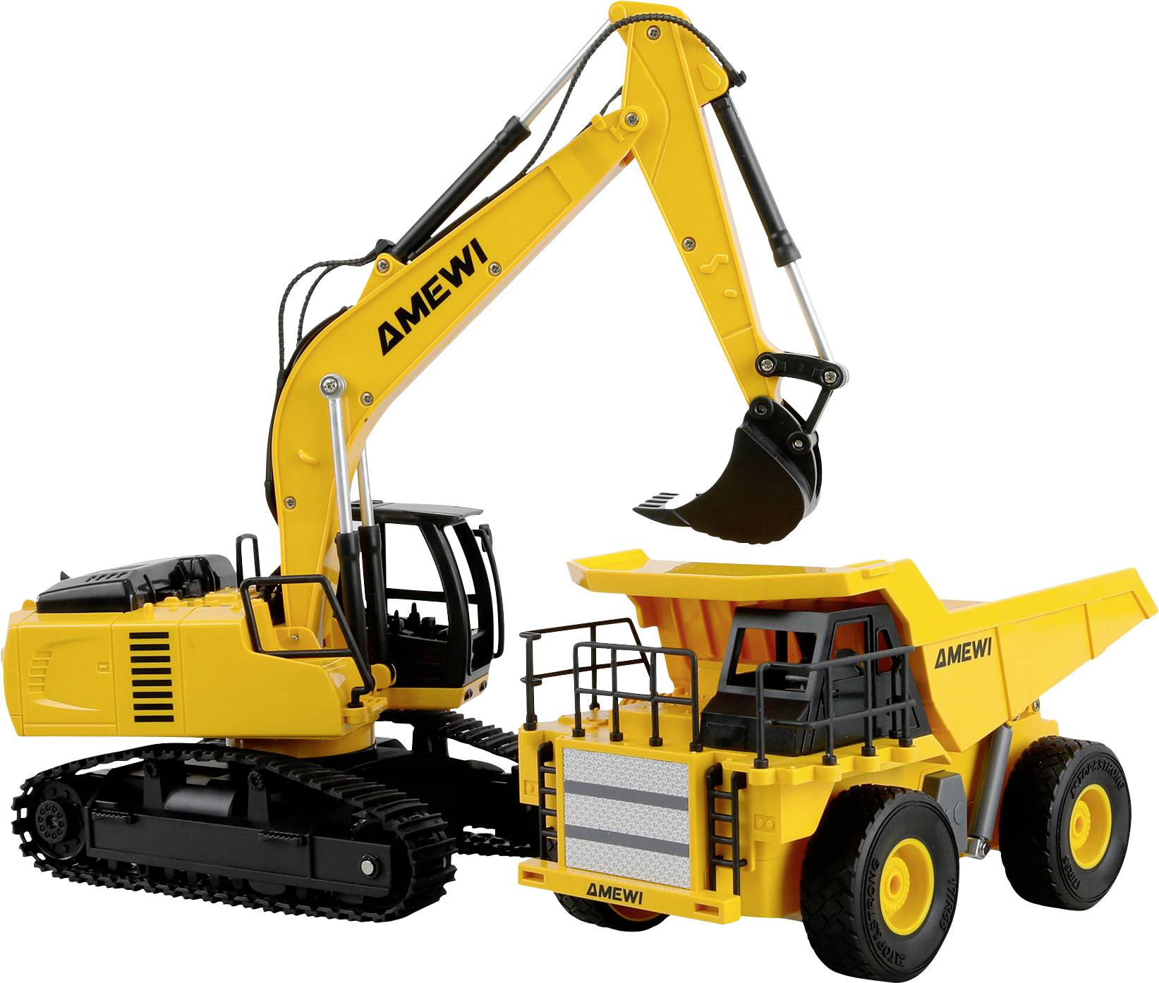 A yellow toy excavator with a black scoop next to a matching yellow toy dump truck, both branded 'AMEWI', on a white background.