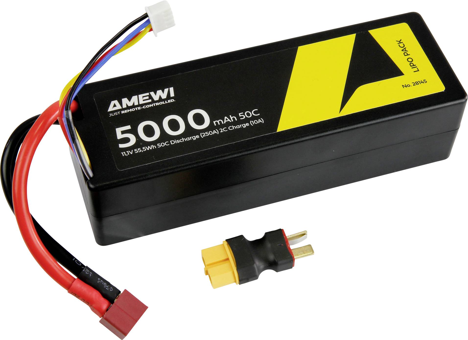 A rechargeable battery with yellow and black labeling, showing '5000 mAh 50C' with attached cables and a plug adapter nearby.