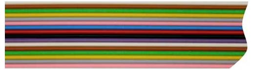 A close-up of dozens of horizontal colored pencils lined up in parallel, displaying a rainbow spectrum of colors.