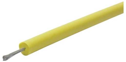 A close-up of a yellow insulated electrical wire with exposed metal strands at the end.