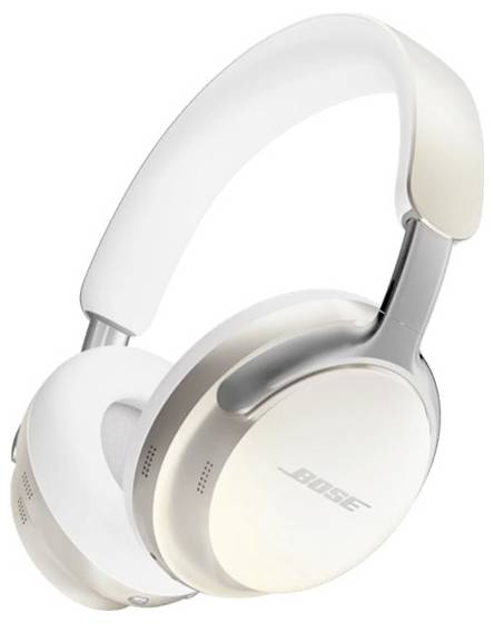 White over-ear headphones with a sleek design and padded ear cups; features brand logo on the side.